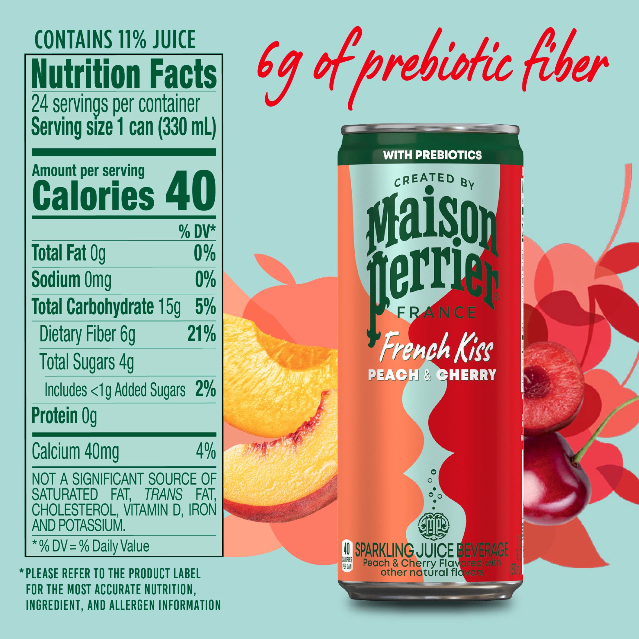 Maison Perrier French Kiss Sweetened Sparkling Water, Peach & Cherry Flavors with Real Fruit Juices, 24PK