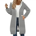 thumbnail image 2 of Women's Striped Zip Up Hoodie, Longline Fleece Jacket with Full-Length Zipper, Lightweight Mid-Length Hooded Sweatshirt, Soft Casual Wear for Fall and Winter Black L, 2 of 5