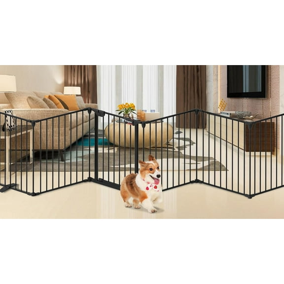 Kfvigoho Dog Gate 35"-199" Extra-Wide Gate for Stairs, Freestanding wire pet door, fireplace dual-locking system with automatic door closing feature, collapsible 6 steel panels (Black, 8 panels)