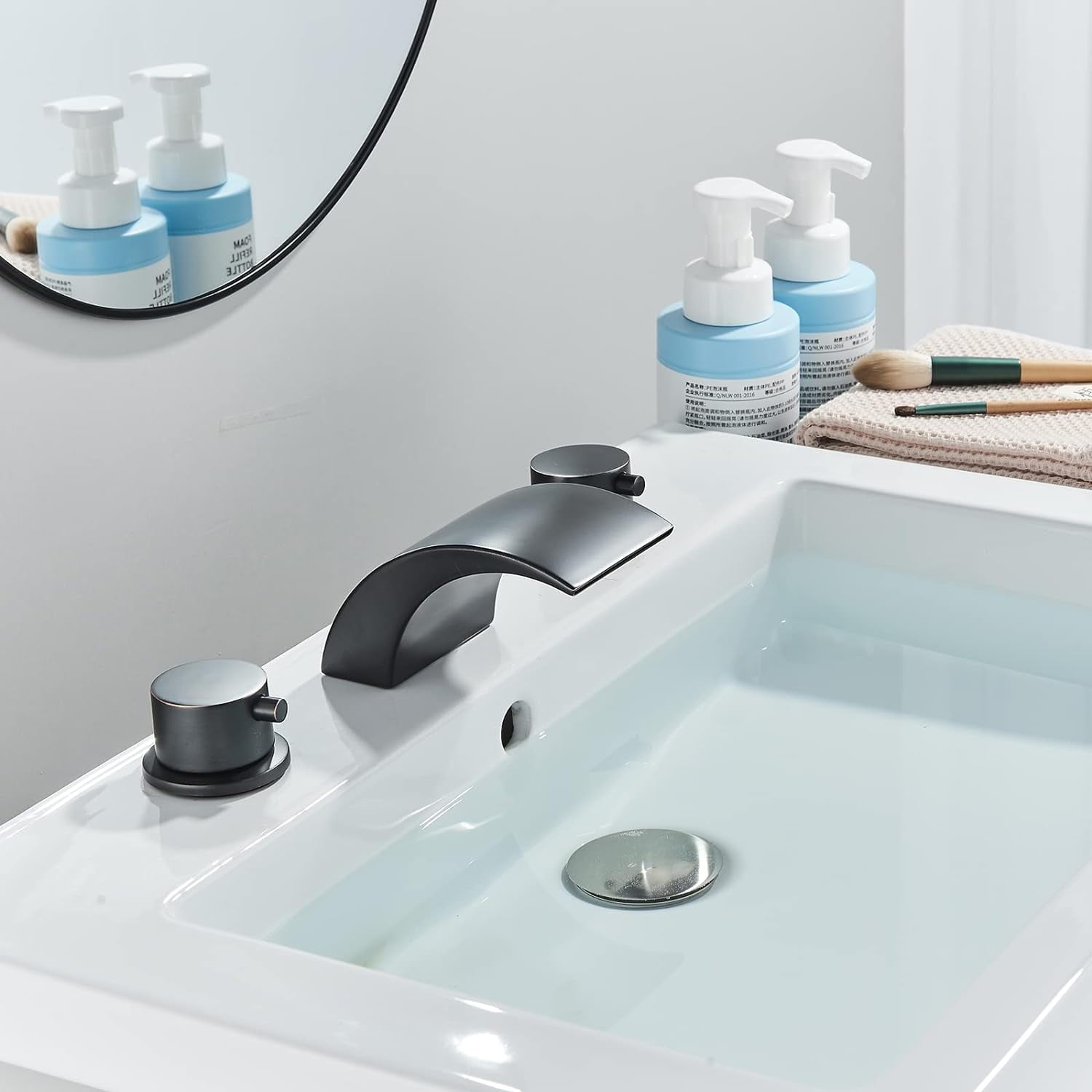Zovajonia 3 Hole Bathroom Faucet Dual Crystal Knobs Vanity Basin LED Sink Faucet Mixer Bronze Bath Faucets ,Widespread bathroom faucets for sink 3 hole Waterfall Tub Faucet Oil Rubbed Bronze