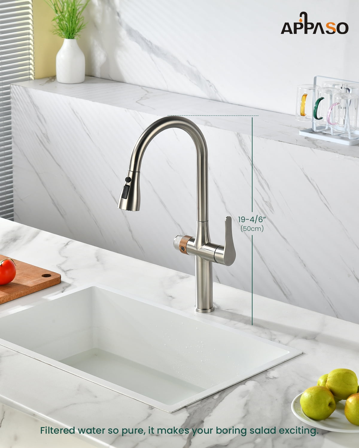 APPASO Brushed Nickel 3-Way Kitchen Faucet with Water Filter Connection, Commercial Single Handle High Arc, SUS304 Stainless Steel 3 in 1 Sink Faucet (Without Filtration Device)