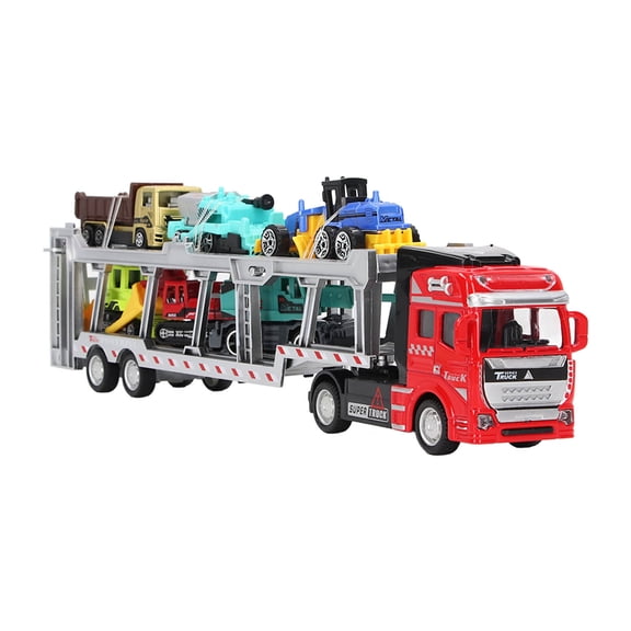 BIMZUC 7 in 1 Transport Truck Toy Alloy Pull Back Function Carrier Model with 6 Small New Type Engineering Vehicles Set Educational Play Gift for Boys and Girls 12.6 inches / 32 cm Red