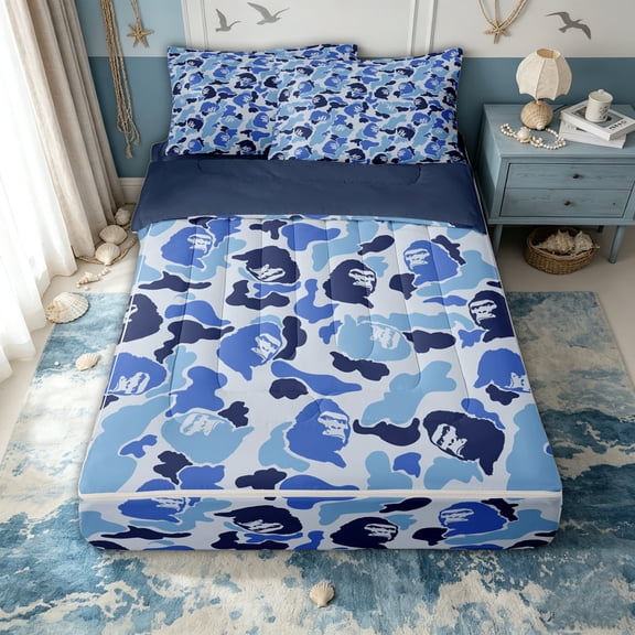 Erosebridal Modern Gorilla Head Zipper Twin Comforter Sets with Fitted Sheet and 2 Pillowcases for Boys Men, Blue Camouflage Shape Print Zipper Bedding Set, Navy Reversible, 4 Pieces