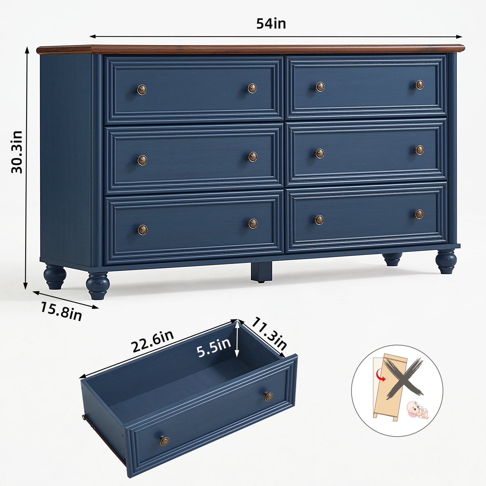 LELELINKY Rustic Modern Chest of 6 Drawers, 54" Extra Wide Double Dresser for Master Bedroom, Nursery Dresser Organizer Closet for Living Room