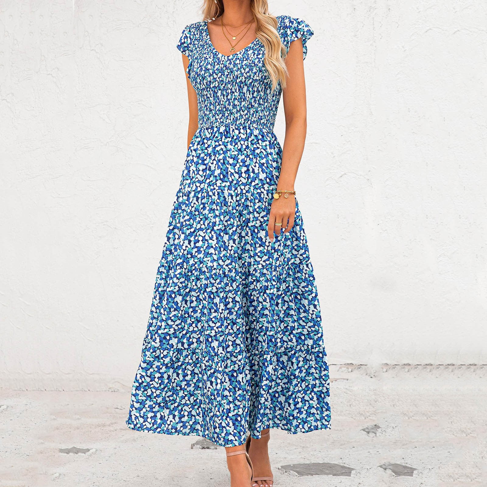 Womens Dress Rayon Dresses for Women Women s Summer Flowy Maxi Dress Casual Cap Sleeve V Neck Smocked Beach Sundress Adult Female Clothes Blue Size M Walmart