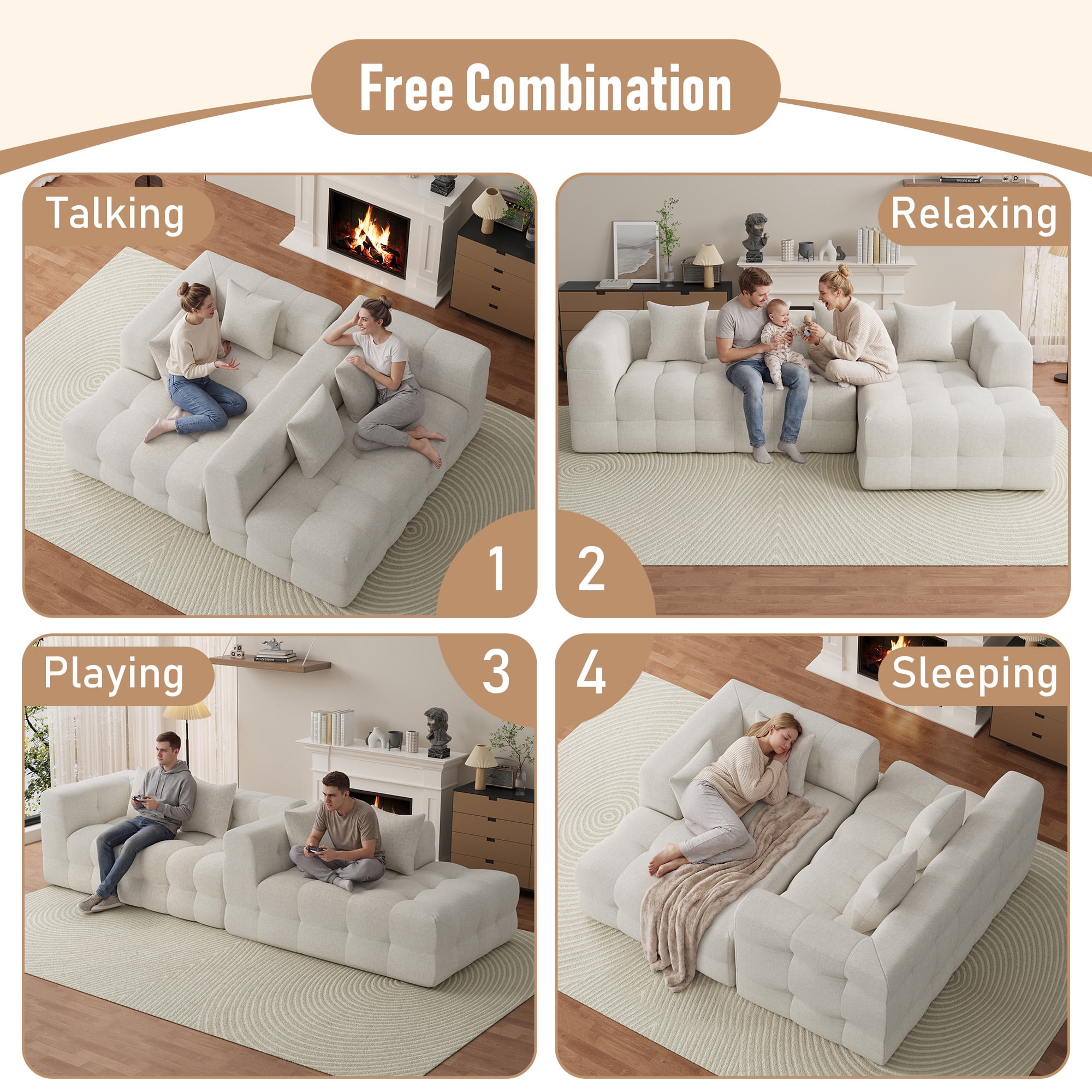 Wiilayok 120" Boneless Oversized Cloud Couch, Right Facing L-Shaped Chenille Sectional Sofa with Chaise Lounge, Deep Seat Upholstered Living Room Sofa with 4 Pillows, No Assembly, Beige