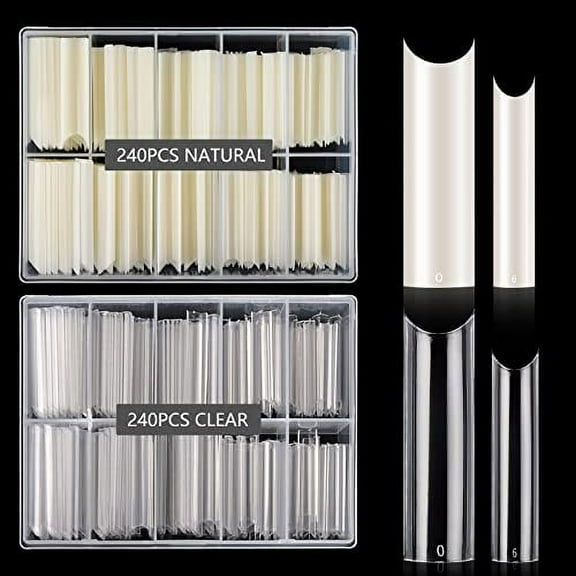 480PCS Extra Long C Curve Nail Tips XL, 2 Packs Natural and Clear Nail Tips for Acrylic Nails Professional Set, 12 Sizes Straight Tapered Square Press on False Nail Tips for Nail Art Salon Home D...