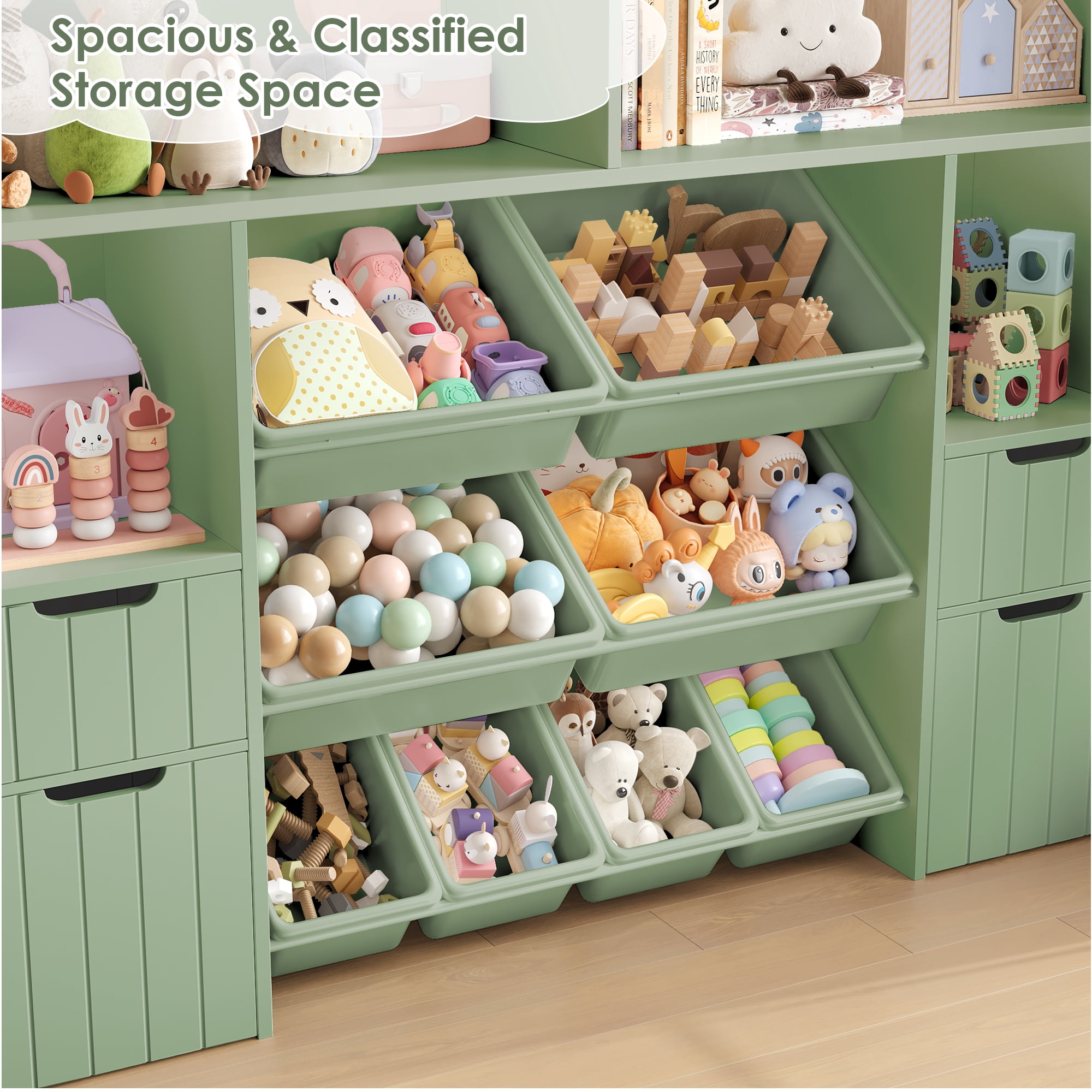 Homfa Kids Toy Storage Organizer with Removable Bin, Kids Bookshelf and Bookcase Toy Box with Drawers for Playroom, Classroom, Green