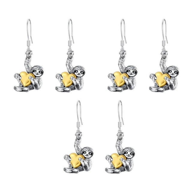 Aretes de Animales SlothyLov 3 Pzas Aretes Oso Perezoso/Corazón Gris/Dorado Metal.