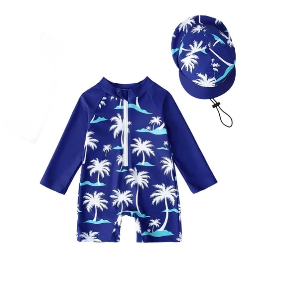 Lopecy-Sta Swimsuit for Toddler One Piece Swimsuit Shark Long Sleeve Zip Up Bathing Suit with Sun Cap Infant Rash Guard Swimwear