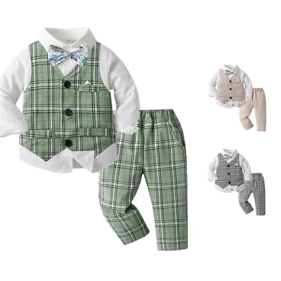 Krdevn Toddler Boys 4 Piece formal Outfit Plaid Vest Shirt Pants Bow Tie Wedding Party Gentleman Suit Set 4-5 Years,Green