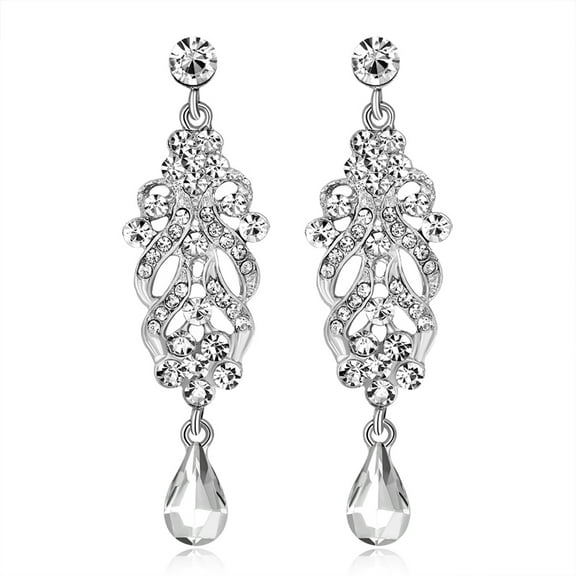 Opolski Women Simple Shiny Rhinestone Flower Long Dangle Earrings Wedding Bridal Jewelry
