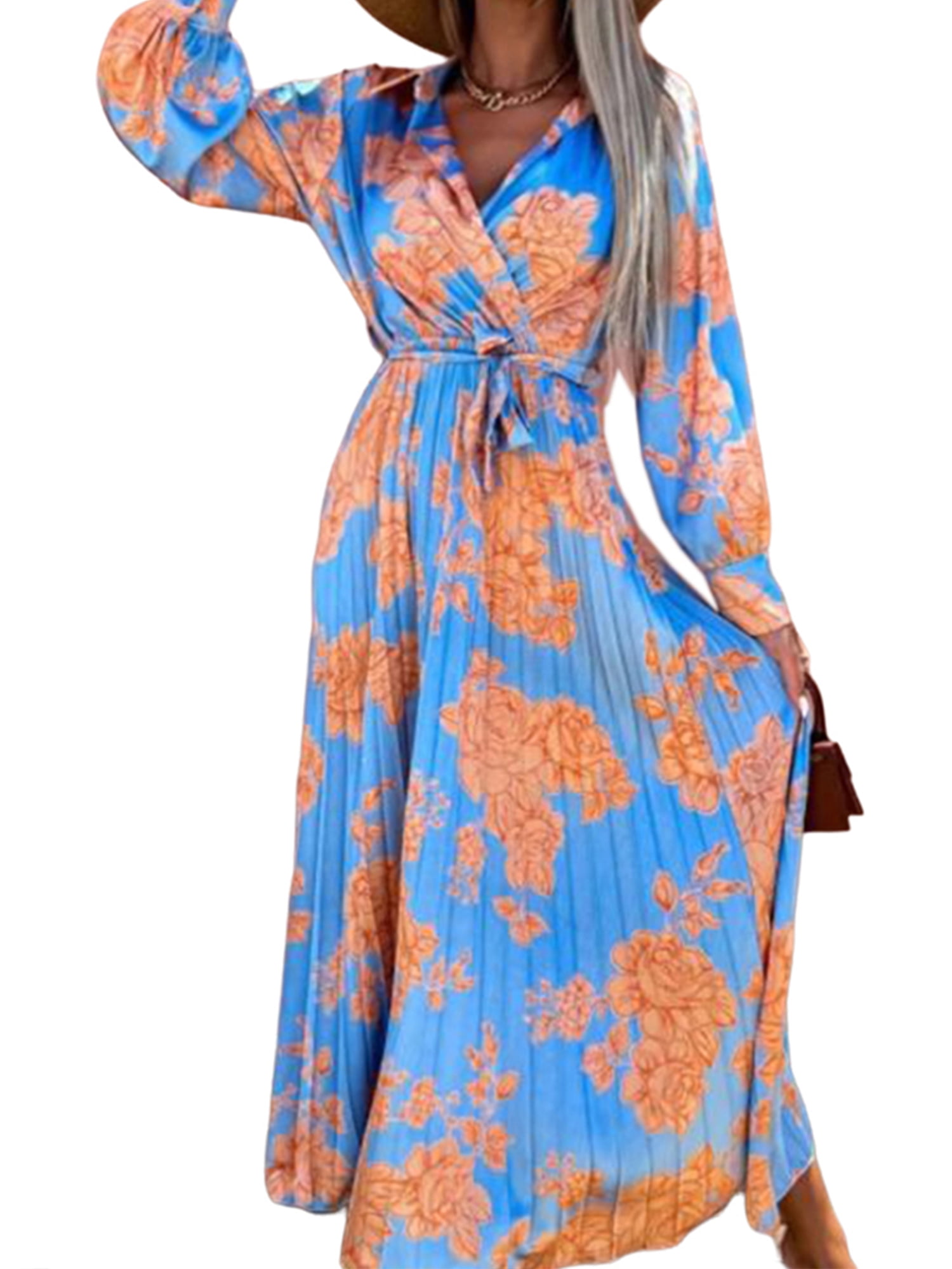 Julycc Womens Floral Long Sleeve Pleated Wrap Dress Holiday Maxi