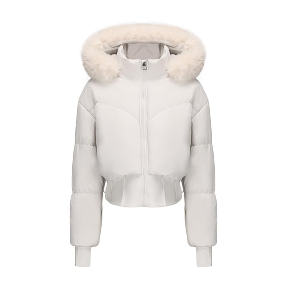 aohooy Women Hooded Quilted Puffer Jacket Cropped Padded Warm Winter Long Sleeve Heavyweight Coat Outerwear with Thumb Holes White,L