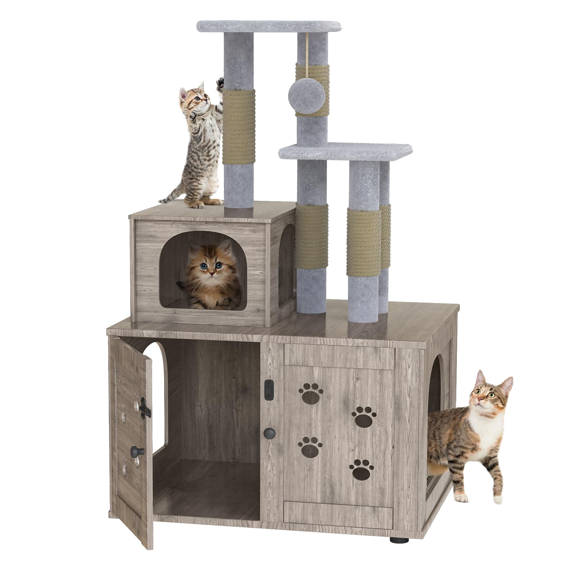 Baxluxe Cat Litter Box Enclosure with Cat Tree, Hidden Cat Washroom Furniture with Divider, Wooden Cat House with Platform, Scratching Post and Soft Plush Perch, Indoor Pet Cabinet, Gray