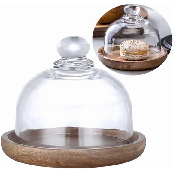 Glass Dessert Dome with Wood Base – Mini Cake Stand Display with Lid, 4-inch Cake Plate for Desserts, Cheese, Appetizers, Wedding, Party Serving Tray