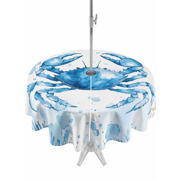 Outdoor Table Cloth with Umbrella Hole and Zipper, Coastal Crab Waterproof Round Tablecloth 54 Inch, Summer Beach Starfish Coral Nautical Washable Table Cover for Outside Party Patio Picnic