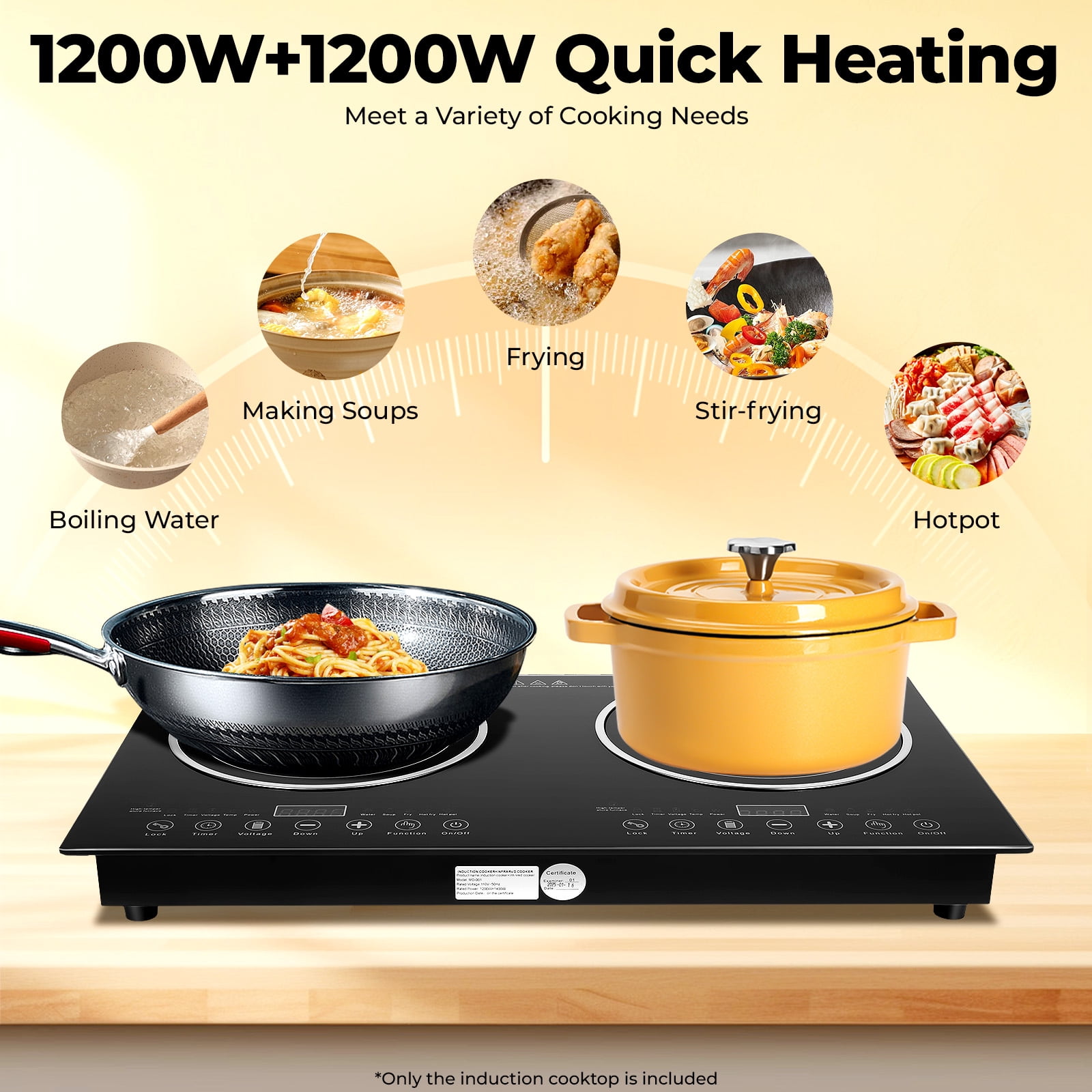 Double Burner 2400W Induction Cooktop with Touch Controls, Black Crystal Panel, 8 Power Levels, Non-Slip Pads, 110V, Easy to Clean & Fast Heat Dissipation