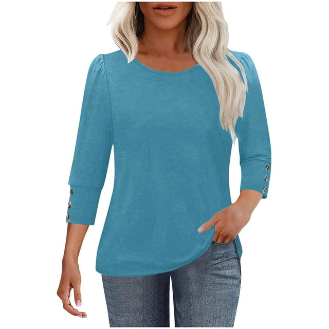 Lenpel Hauts à Manches 3/4 pour Femmes Mode Couleur Unie Col Rond T-Shirts Amples Tunique Décontractée Blouses