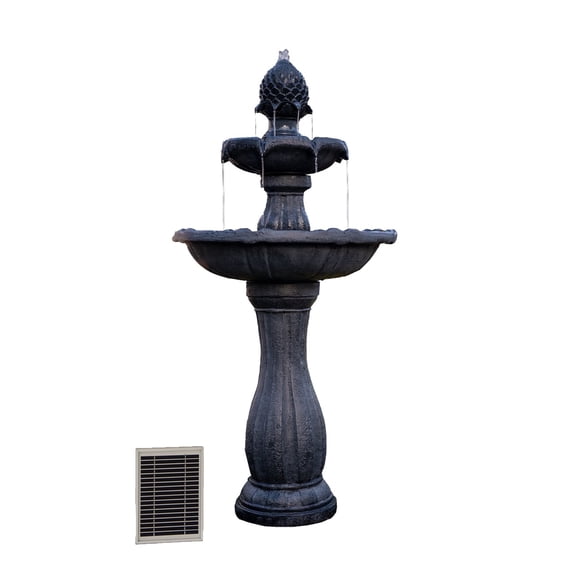 XBrand 44" H Black Fiberglass/Resin 2-Tier Solar Water Fountain w/ Solar Panel and Auto-Shut Off Pump, Solar Garden Fountain, Tall Outdoor Fountain, Two Tiered Birdbath Fountain