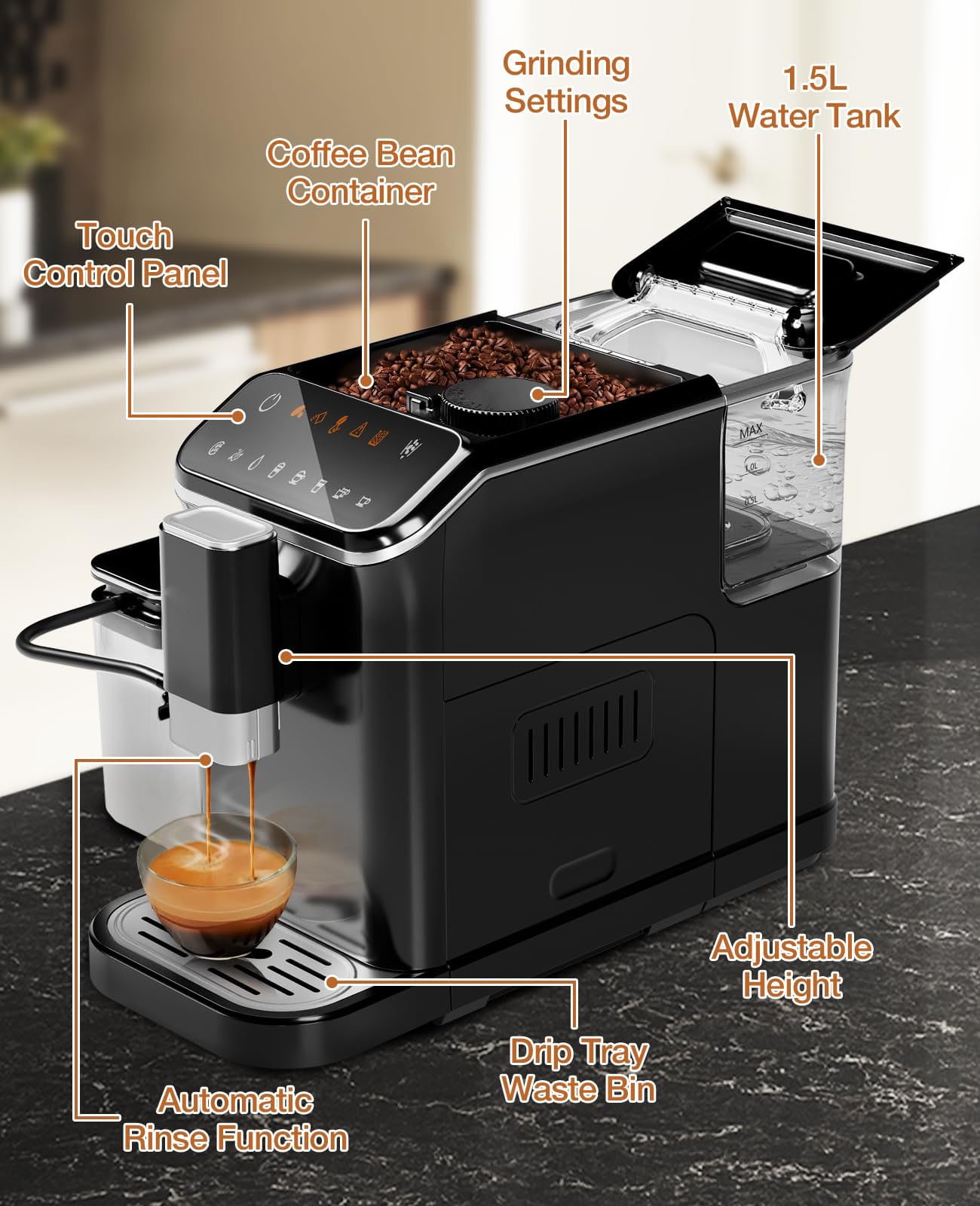 Kselythan Automatic Espresso Machine 20 Bar,Professional Espresso Maker with Automatic Milk Frother,Built-In & Adjustable Espresso Bean Grinder,Touch Screen Coffee Machine with 1.5L Water Tank