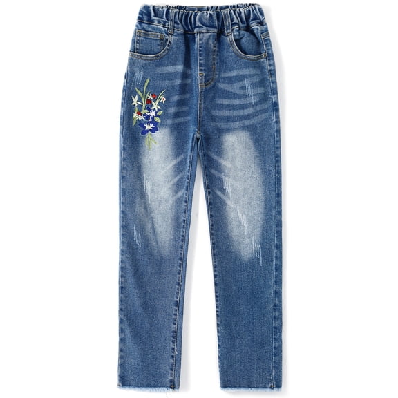 KIDSCOOL Girls Embroidered Jeans,4-15T Ribbed Elastic Waist Denim Pants,Blue,7-8 Years
