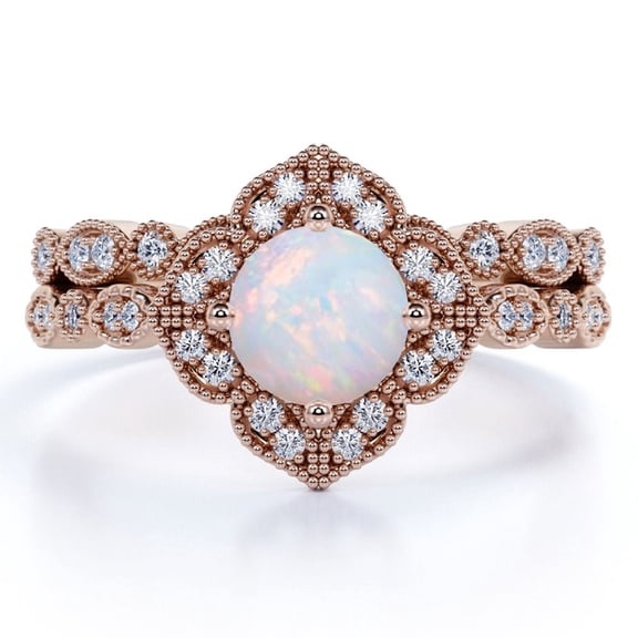 JeenMata 1.75 ct Halo Real Round Cut Opal and Moissanite Wedding Ring Set in 18K Rose Gold over Silver