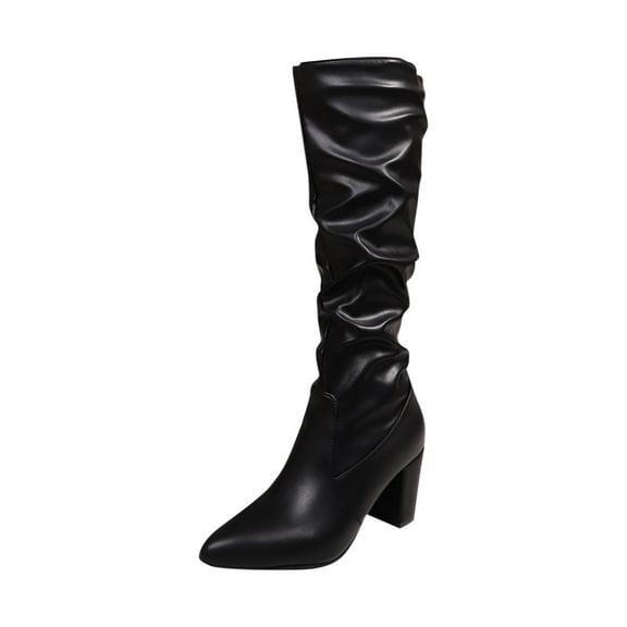 Xfvqtps Womens Slouchy Knee High Boots Pointed Toe Block Heel Winter Boots Side Zipper Comfortable Faux Leather Casual Boots for Women Black