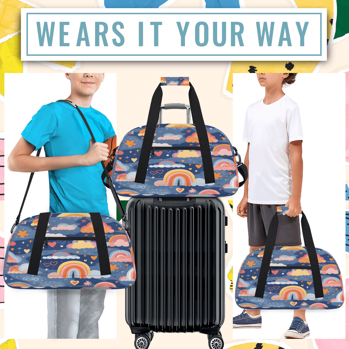 Herdesigns Cute Rainbow Sports Duffle Bag for Women & Men, Cute Retro Gym Bag Dance Bag Overnight Bag Carry On Weekender Travel Bag