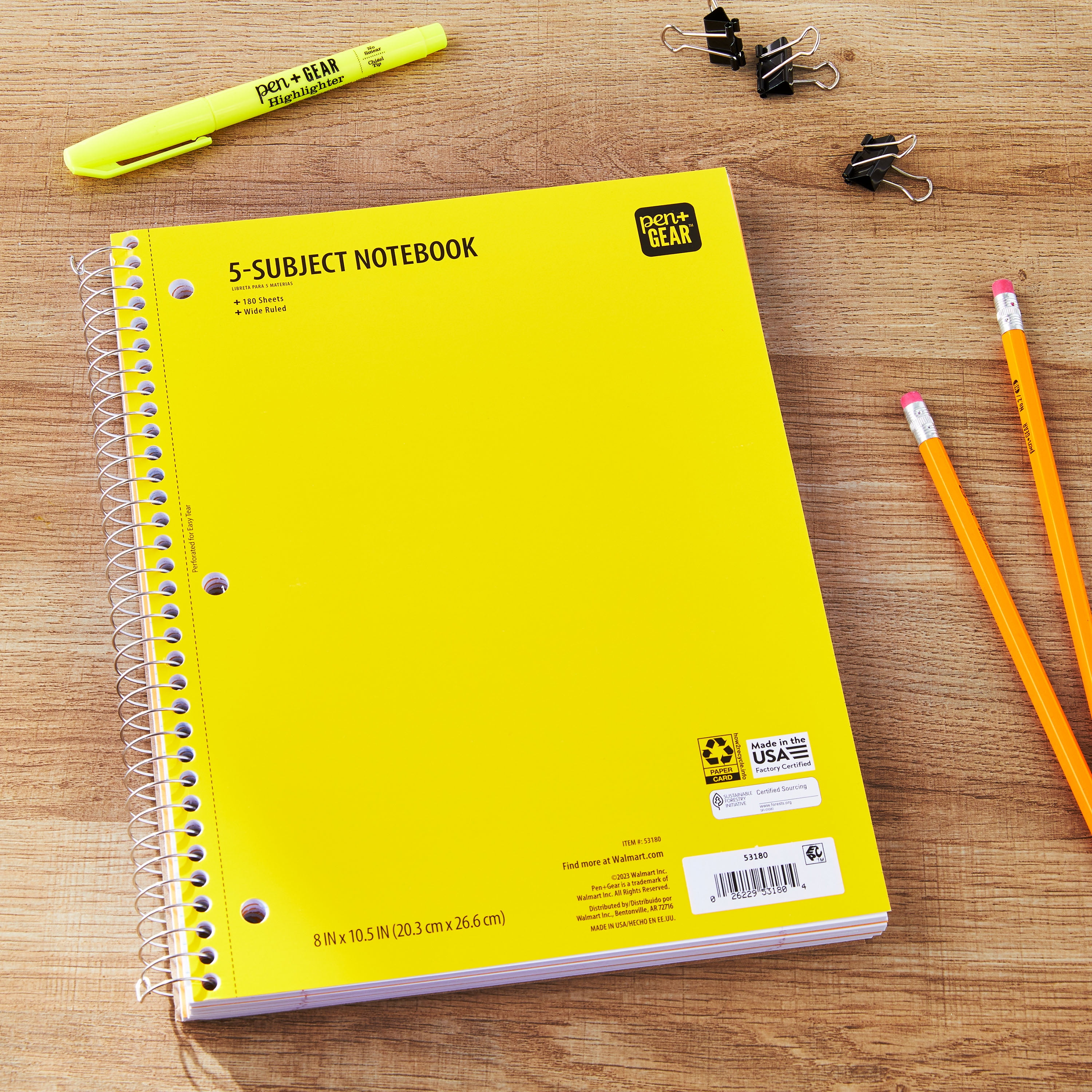 Pen+Gear Wide Rule 5 Subject Notebook, 8” x 10.5”, Yellow, 180 Sheets, New