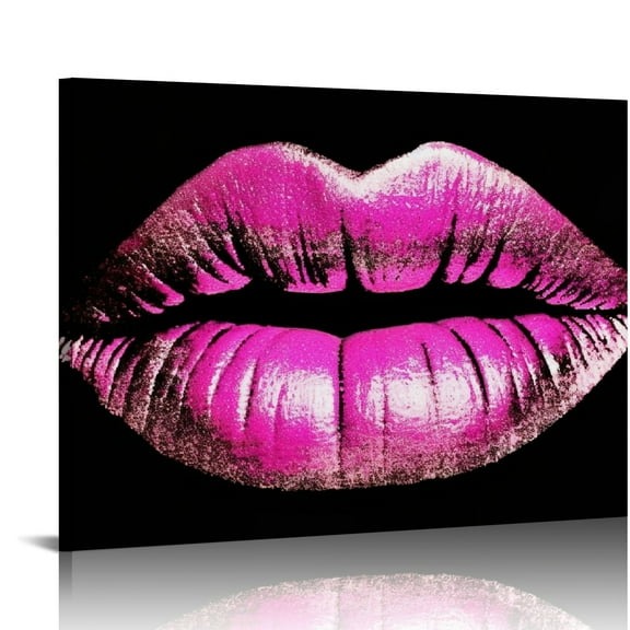 JRXY  Black and Pink Lips Canvas Wall Art Fashion and Glam Poster Sexy Red Lip Picture Gallery Wrap for Bathroom Bedroom Makeup Room Wall Decor 20x16in