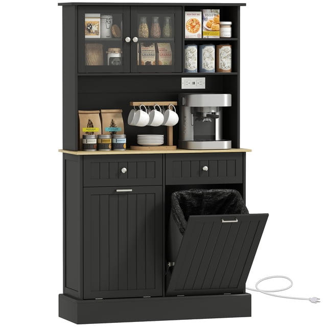 HOMCOM Armoire de Garde-Manger de Cuisine, Armoire de Rangement avec Station de Recharge, Noir