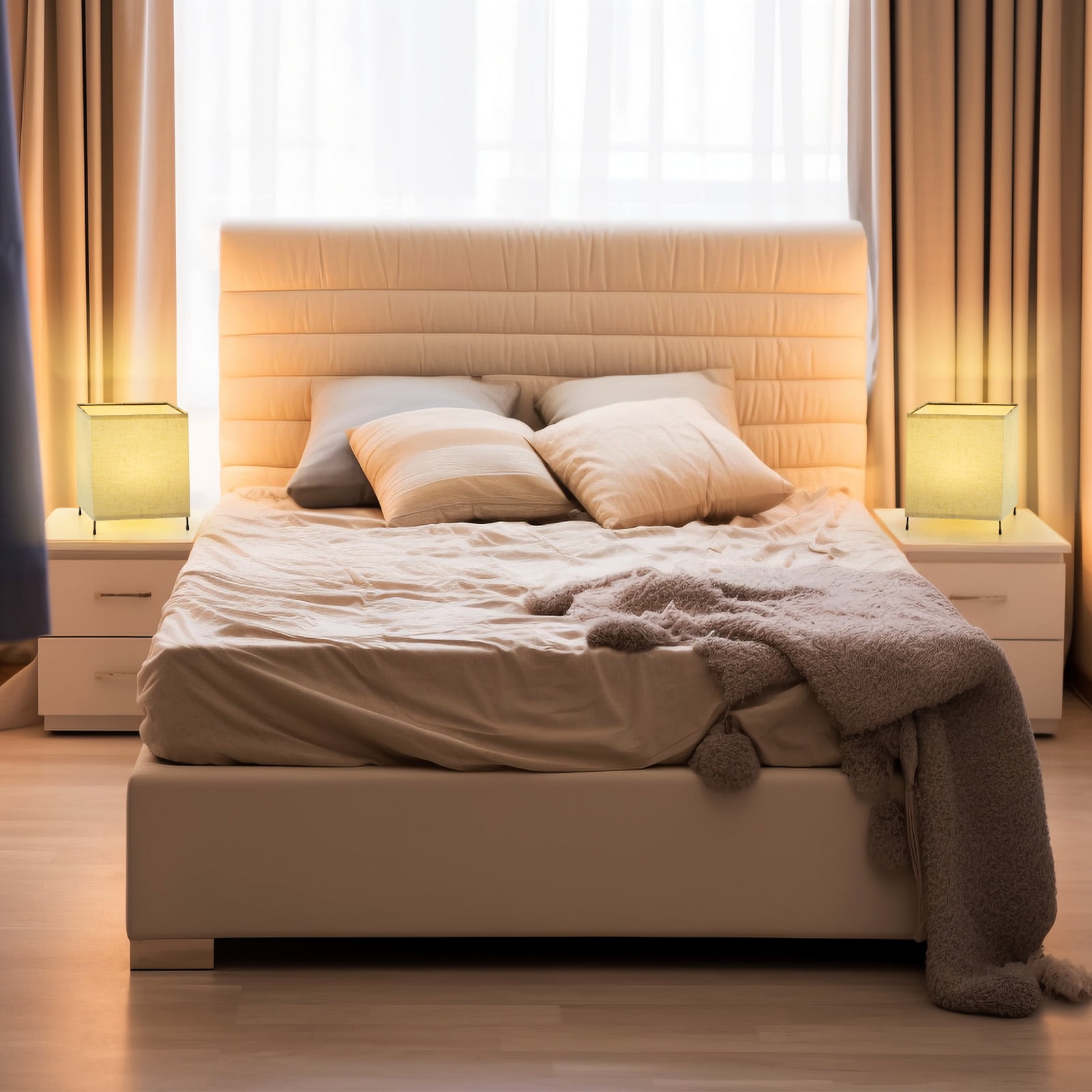 2-Pack Minimalist Square Nightstand Lamps with Remote - 12-Color RGB Linen Shade Lamps for Bedroom & Living Room