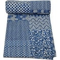 thumbnail image 3 of Blue Indigo Print Cotton Handmade Handblock Quilted Blanket Indian Cottodspread Kantha Indigo Print Beork Bohemian Bed Decor Block Throw Blanket., 3 of 4