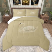 Feelyou Kawaii Swan Print Queen Comforter Set for Kids, Khaki Bedding Sets, Cartoon Animal Theme Reversible Bedding Comforter Set, Luxury Bedroom Decor, 3 Pieces