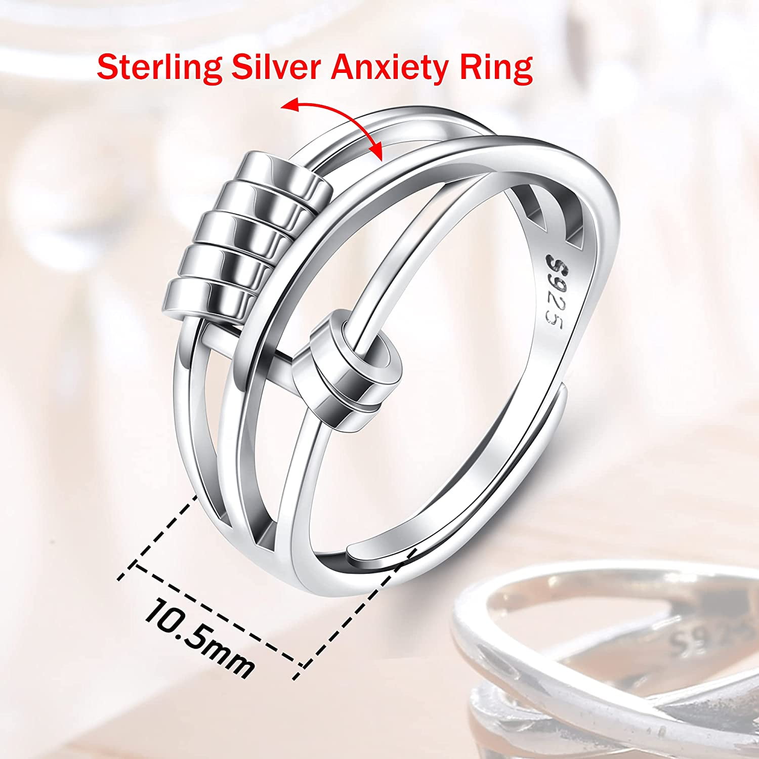 Milacolato 925 Sterling Silver Anxiety Ring for Women Men Fidget Peace Rings for Anxiety Stress Reliever Spinner Ring Retro Adjustable Band Rings Anxiety Relief Items