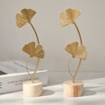 thumbnail image 4 of Pebbuoy Golden Ginkgo Leaf Decoration with Wood Base Metal Feather Leaves Snowflake Figurine Statue Sculpture Home Office Living Room Desktop Ornament Christmas Gift, 4 of 7