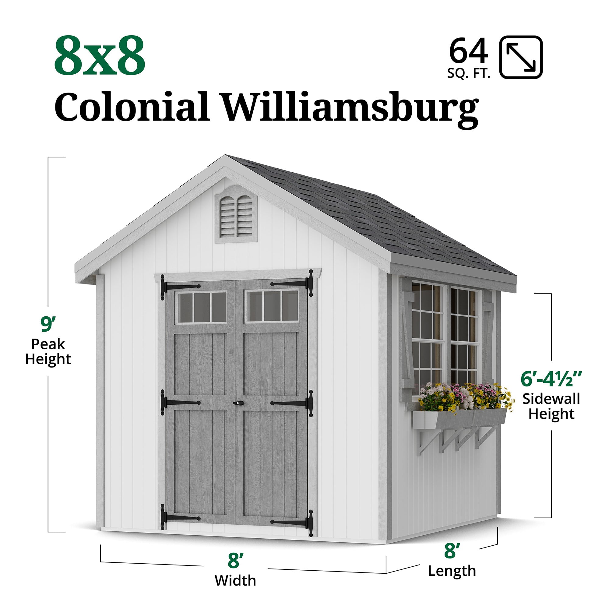 Little Cottage Co. 8x8 Colonial Williamsburg Shed with Operable Windows and Floor, Outdoor Wood Storage Do-It-Yourself Precut Kit