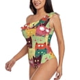 thumbnail image 4 of Balery Cute Cartoon Cat One Shoulder Swimsuits for Women Ruffle Swimsuits Tummy Control One Shoulder Bathing Suits-Small, 4 of 8