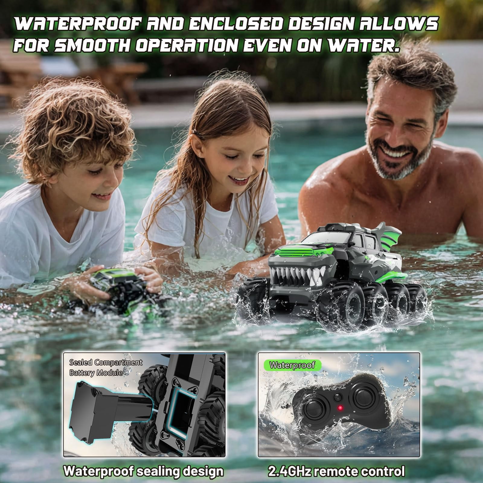Amphibious Remote Control Car 8WD RC Monster Truck with 2 Rechargeable Batteries for Boys Age 8-12 Offroad Waterproof RC Pickup All Terrain RC Drift Cars Beach Pool Toys Gifts for Kids