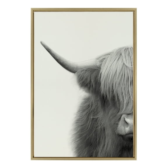 Kate and Laurel Sylvie Hey Dude Highland Cow Crop Framed Linen Textured Canvas Wall Art by The Creative Bunch Studio, 23x33 Gold, Decorative Rustic Cow Art Print for Wall