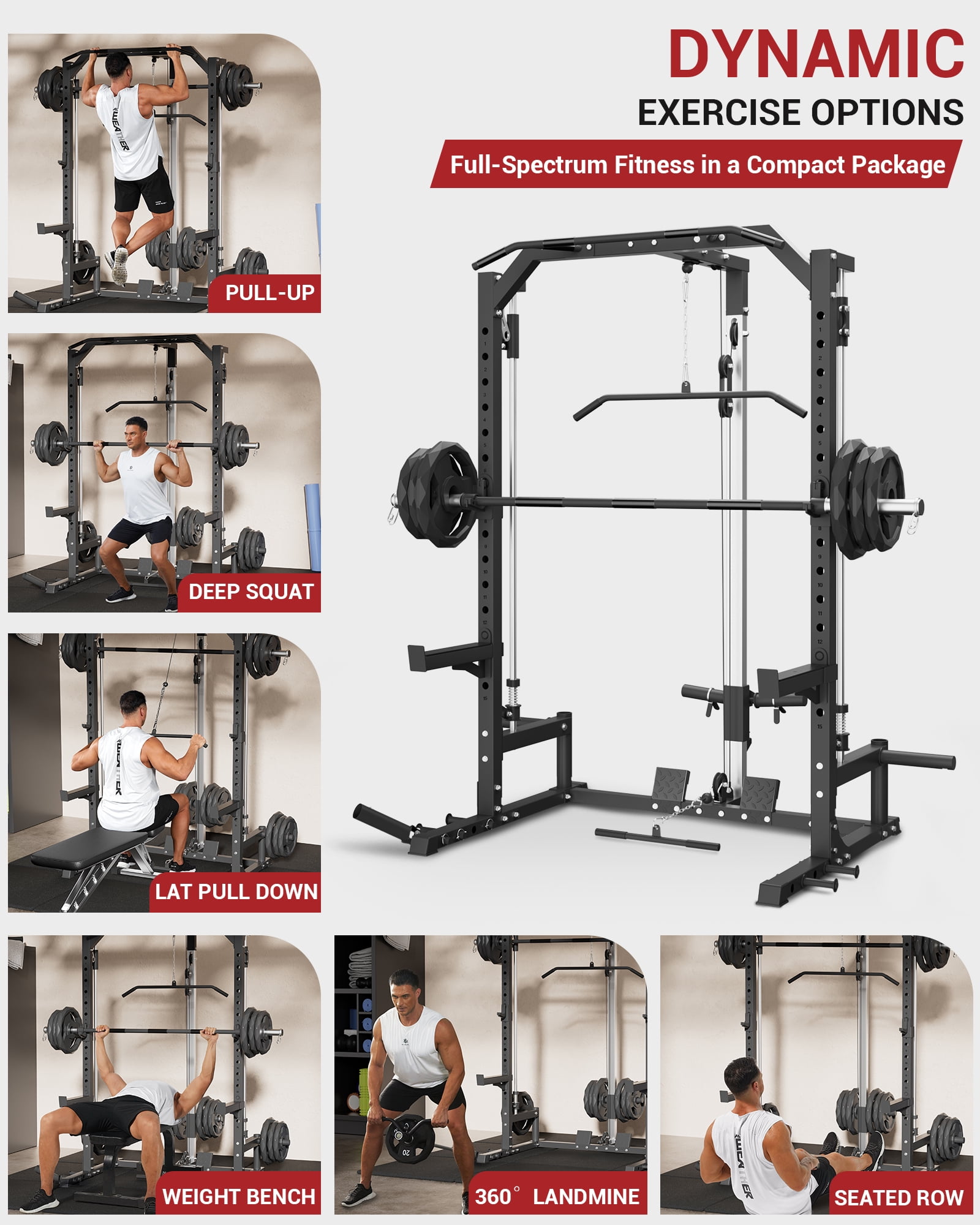 GARVEE Smith Machine with Barbell Bar,Cable System,Lat Pulldown Attachments,J Hooks, Landmine,Safety Spotter Arms,Multi-Functional Squat Rack for Home Gym