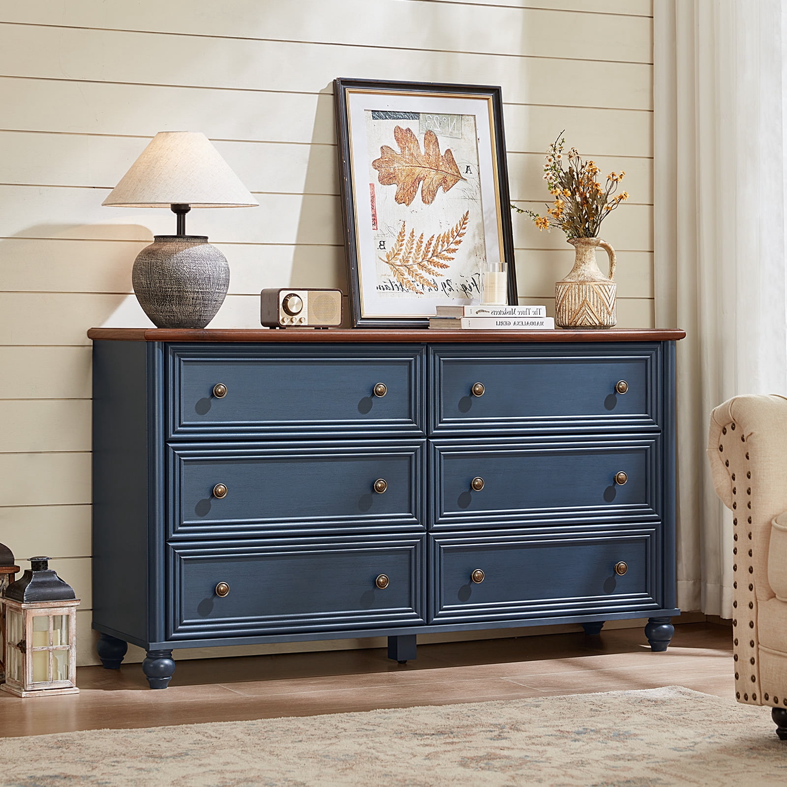 LELELINKY Rustic Modern Chest of 6 Drawers, 54" Extra Wide Double Dresser for Master Bedroom, Nursery Dresser Organizer Closet for Living Room