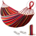 thumbnail image 3 of Double Hammock 2 People Canvas Cotton Hammock with Carrying Bag Travel, Rainbow Stripes,With Wooden Stick, 3 of 4