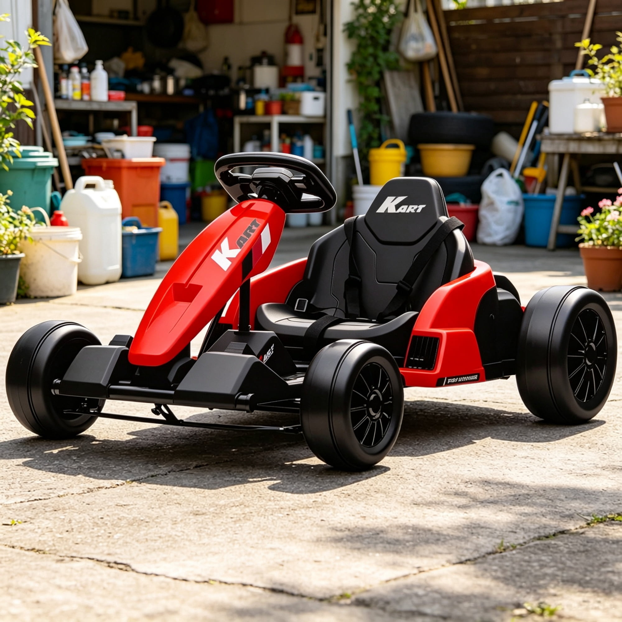 24V Electric Go Kart, Dual 150W Motors, Adjustable Seat, 11.2MPH High Speed, Slow Start, 5-Point Safety Harness, Red
