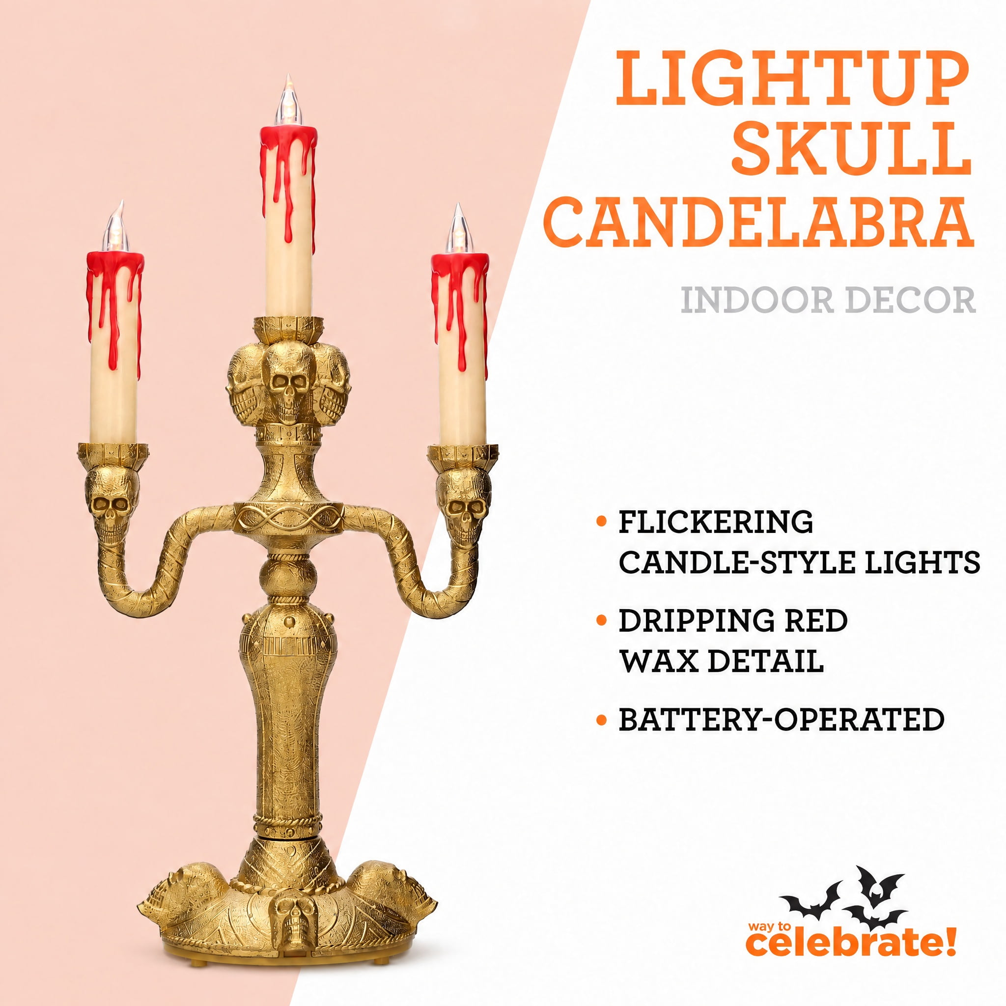 Light-Up Skull Candelabra Decoration, Gold, 13.8", Halloween by Way To Celebrate