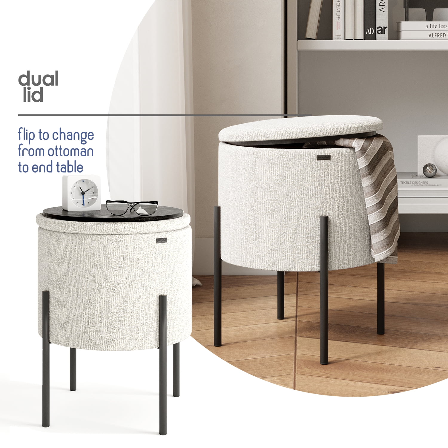 LammaLoe Small Round Ottoman with Storage, Boucle Ottoman Foot Stool with Lid, Upholstered Vanity Stool for Living Room & Bedroom, White