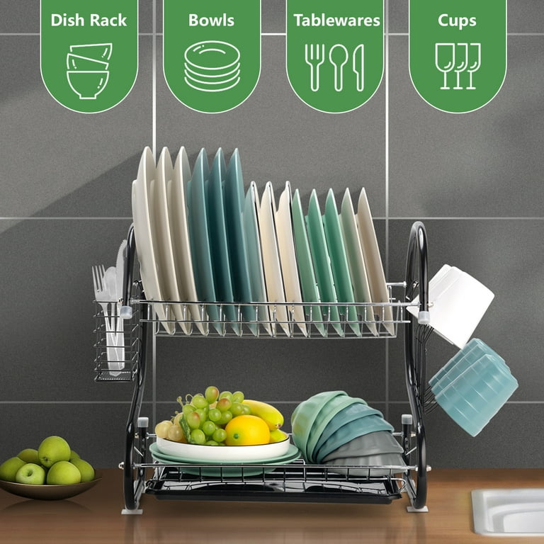 Ktaxon Kitchen 2-Tier Dish Drying Rack with Plastic Drainboard, Size: 15, Black