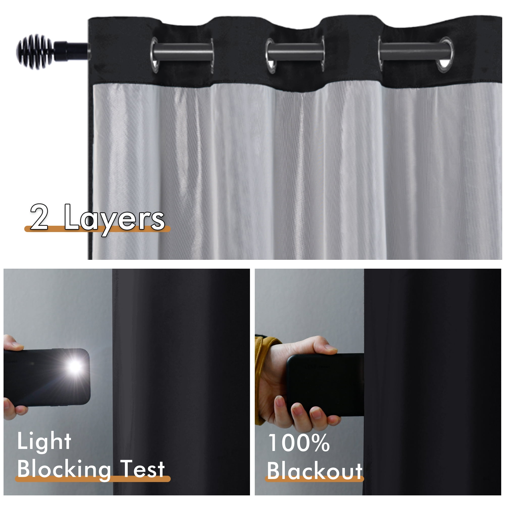 XWZO Black 100% Double Layer Blackout Curtains 84 Inches Long for Bedroom with Liner,Grommet Thermal Insulated Living Room Darkening Drapes with Tiebacks(Black,42"W x 84"L,2 Panels)