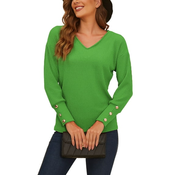 Frontwalk Womens Button Long Sleeve Sweaters Ribbed Knitted Pullover Blouse Lantern Sleeve Casual Solid Color Knit Pullover Sweater